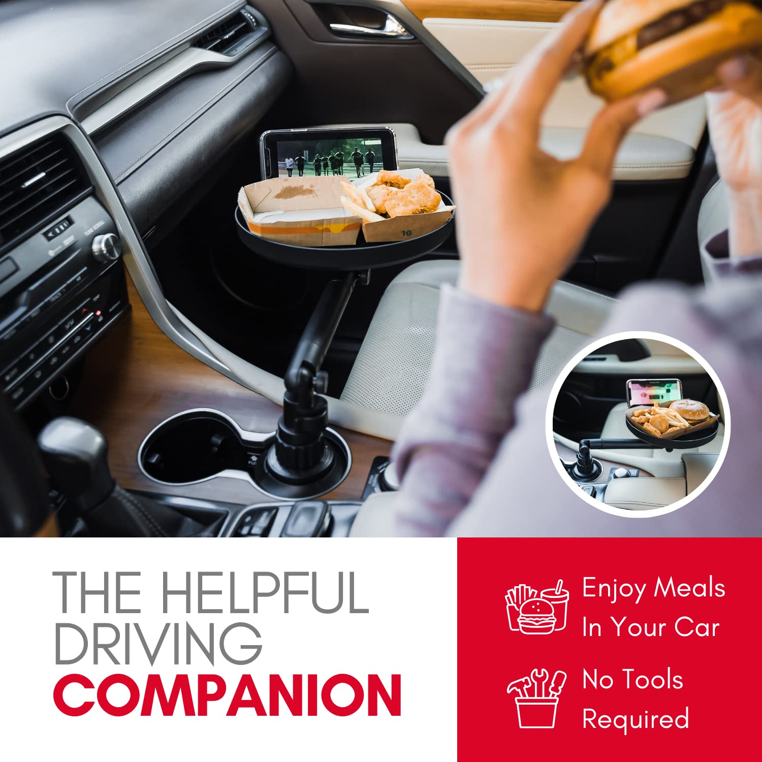 Macally Cup Holder Tray For Car - Adjustable Car Tray Table - Perfect Car Food Tray For Eating With Phone Slot And Swivel Arm - Car Organizer